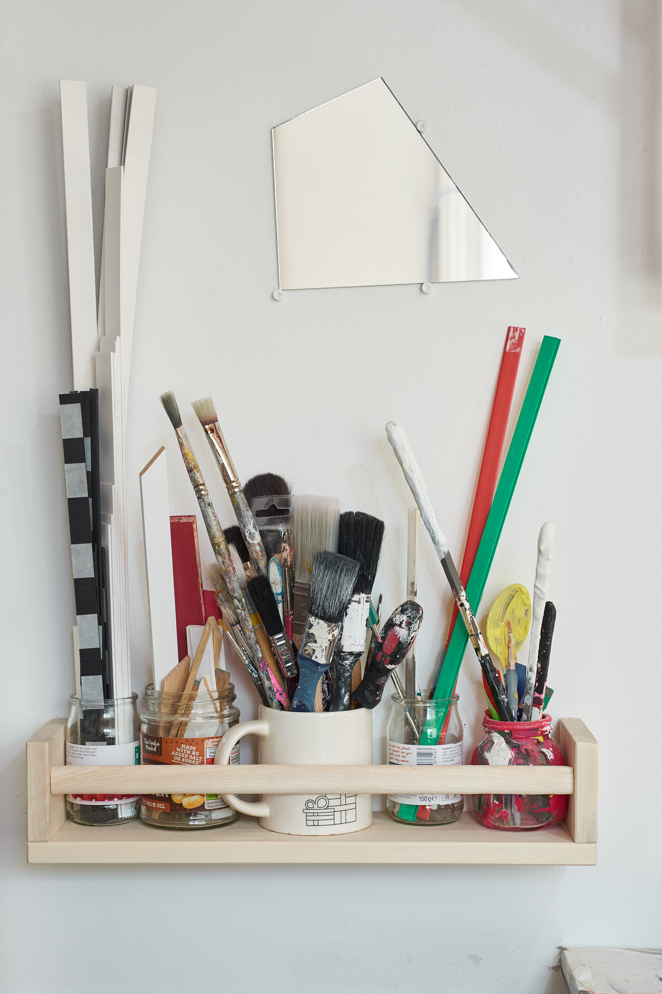 Closeup of workshop tools on shelf