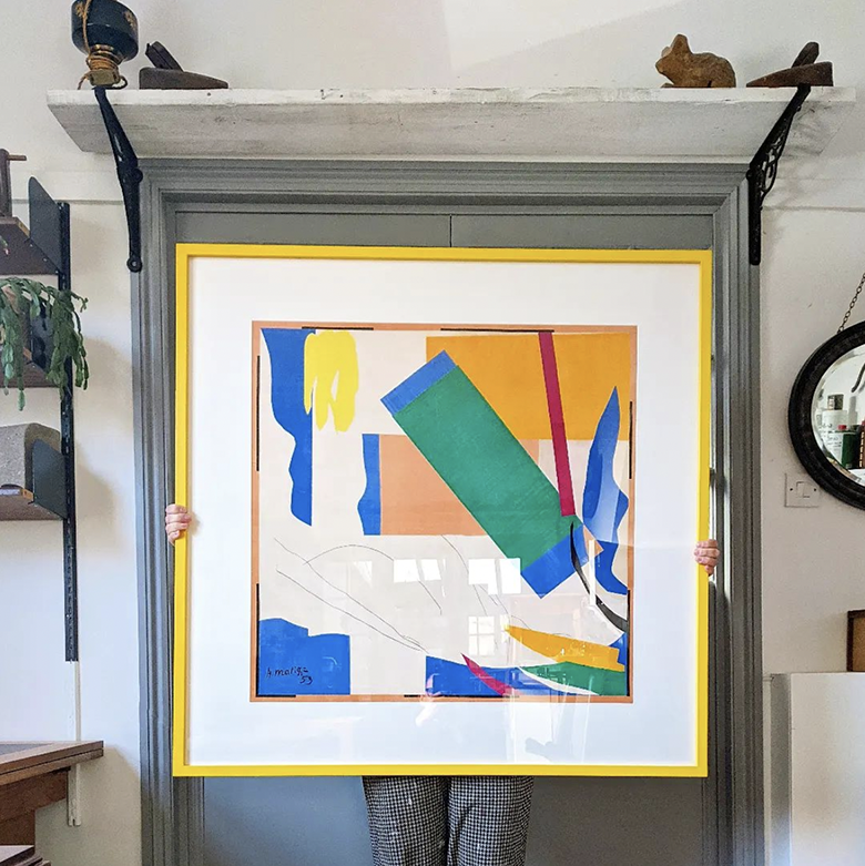 multicoloured abstract Matisse print mounted and framed in bright yellow hand-painted frame