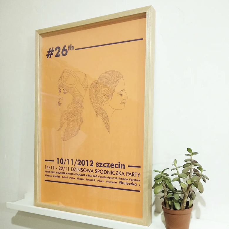 poster showing line drawings of two women, one wearing a ski hat and goggles framed in solid ash