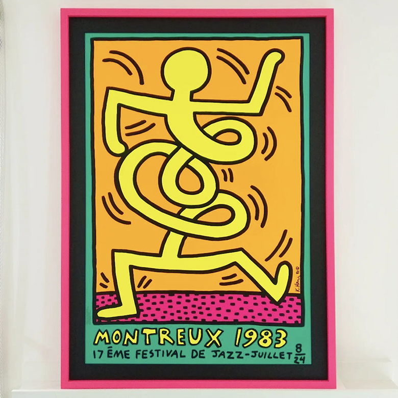 poster for 1983 Montreux Jazz festival shows a yellow stickman with a corkscrew torso framed in fluorescent pink painted frame